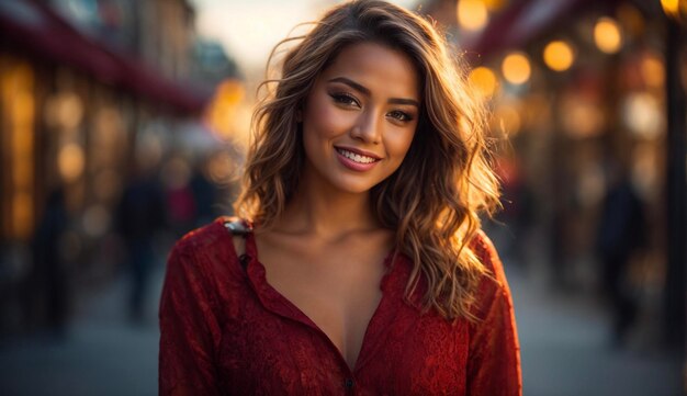 Une femme rayonnante souriant dans la rue de la ville au coucher du soleil