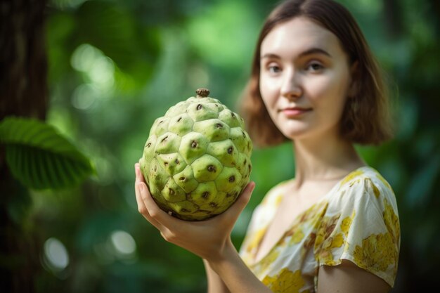Une femme rayonnante tenant un fruit de Cherimoya avec une jungle tropicale en arrière-plan