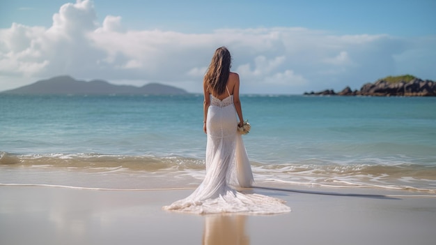 une femme rayonne d'élégance dans une luxueuse robe de mariée blanche alors qu'elle se tient sur une plage tropicale