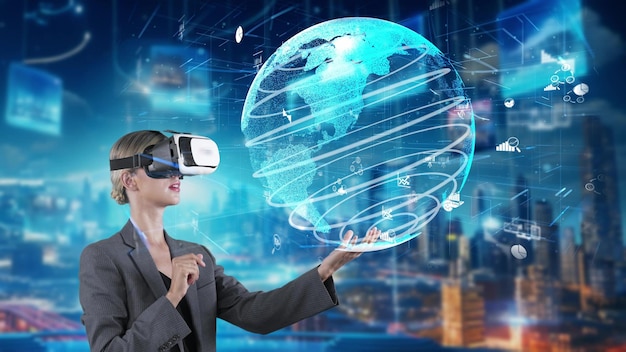 Femme à la recherche de données moniteur du monde dynamique par vr à la vue du bâtiment contraption