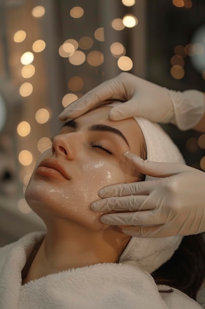 Une femme reçoit un masque facial dans un salon de beauté