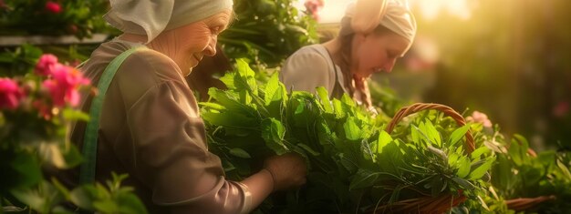 Une femme recueille des herbes médicinales