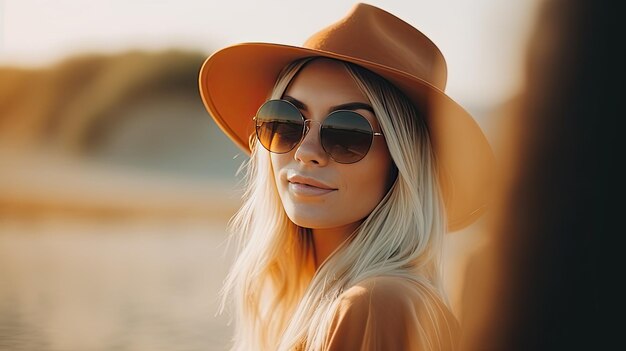 Une femme réfléchie avec un beau chapeau et des lunettes qui regarde la caméra.