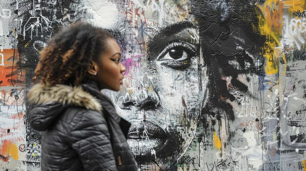 Photo une femme réfléchie dans une veste noire avec un collier de fourrure debout devant une peinture murale de street art colorée du visage d'une femme