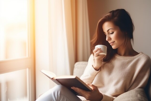 Photo femme réfléchie et détendue lisant un livre à la maison, buvant du café, assise sur le canapé.