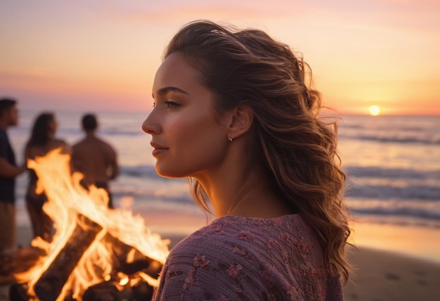 Une femme réfléchie est silhouettée contre un coucher de soleil doré sur la plage perdue dans les pensées et regardant vers le