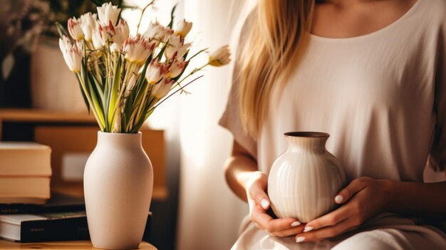 Une femme réfléchie explorant un confortable magasin de décoration domestique tenant un vase en céramique délicat l'imaginant dans son espace de vie