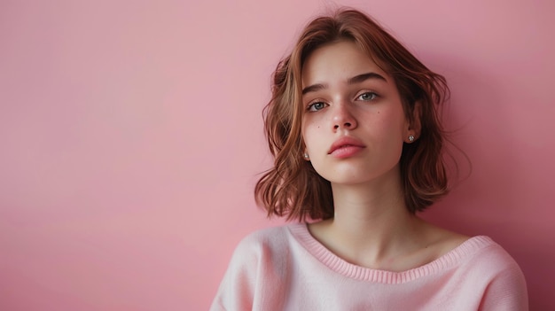 Une femme réfléchie sur un fond rose isolé