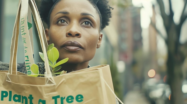 Photo une femme réfléchie regardant un arbre tout en portant un sac d'épicerie avec une petite plante dedans