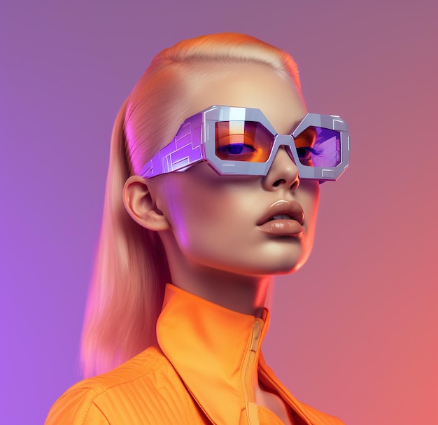 Femme avec un regard confiant dans des lunettes de soleil carrées modernes avec des couleurs néon ai générative