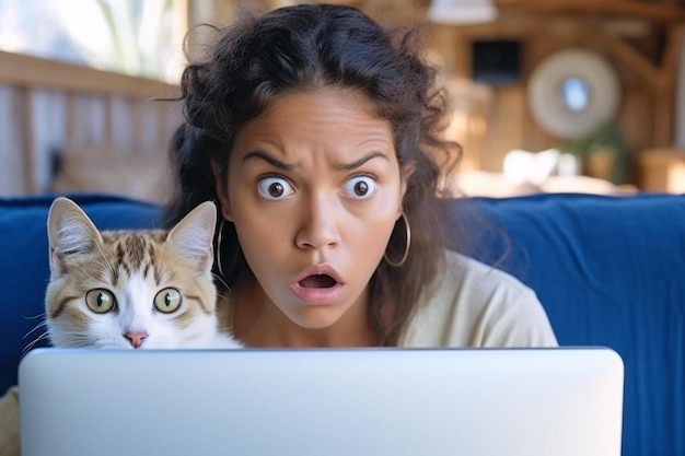 Photo une femme avec un regard surpris sur son visage qui regarde un ordinateur portable avec un chat