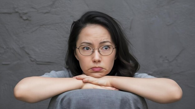 Photo la femme regardait avec une expression indifférente et ennuyée s'appuyant sur la paume fronçant les sourcils et boudant étant t