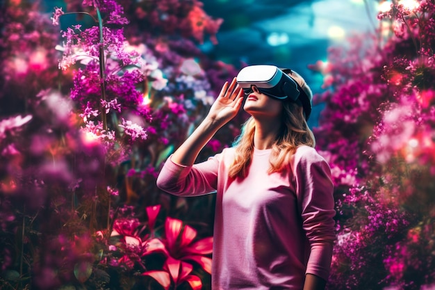 Femme regardant de belles fleurs en VR