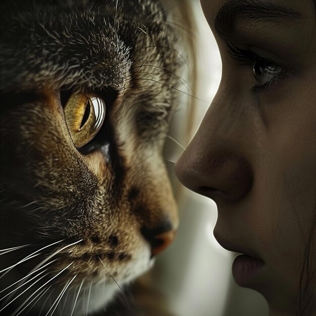 une femme regardant un chat avec une photo d'un chat