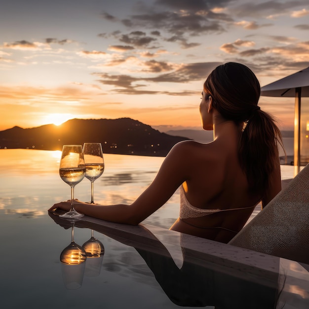 Femme regardant le coucher du soleil avec un cocktail dans une piscine à débordement giga