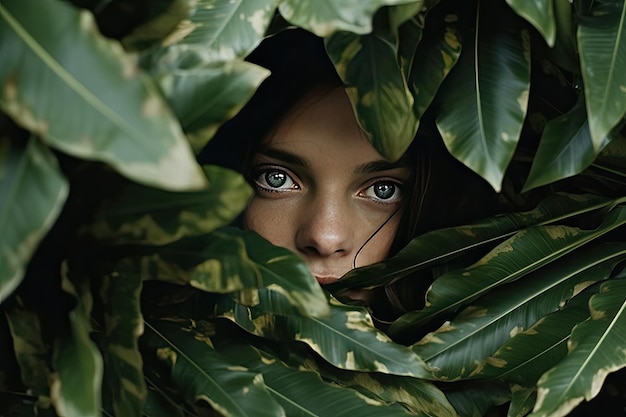 Une femme regardant derrière les feuilles.