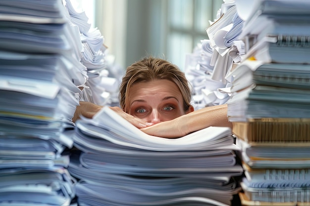 Une femme regardant derrière une grande pile de papiers.