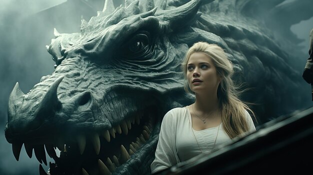 une femme regardant un dragon