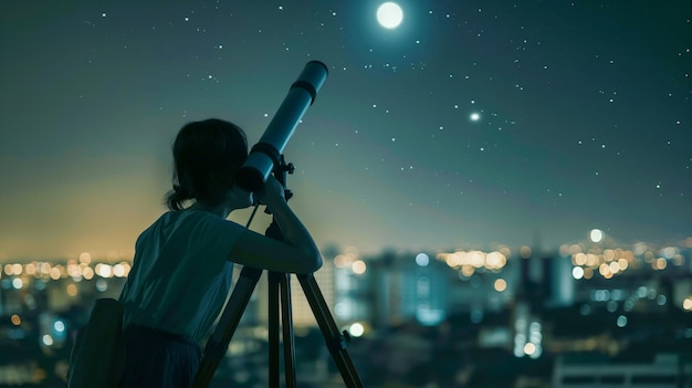 Photo une femme regardant les étoiles à travers un télescope