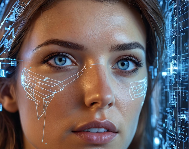 Photo une femme regardant une interface futuriste