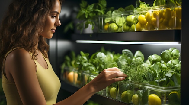 femme regardant des légumes dans un réfrigérateur dans un magasin Generative AI