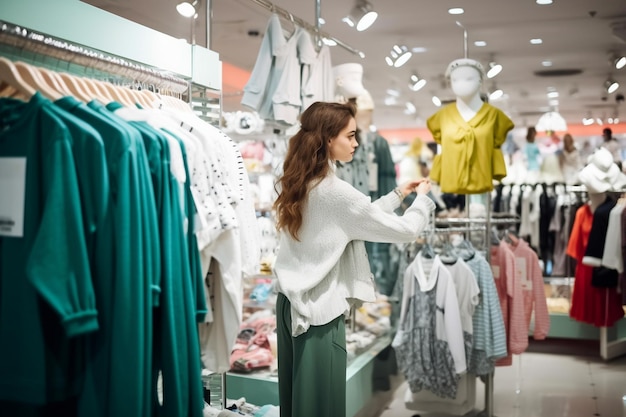 Photo une femme regardant un magasin de vêtements avec une étagère de vêtements