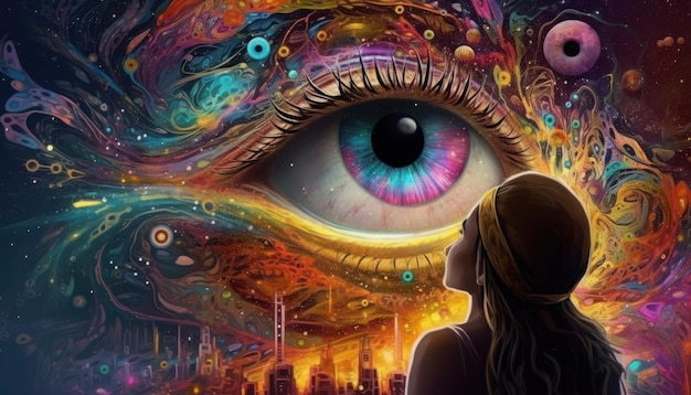 Une femme regardant un œil coloré avec une ville en arrière-plan.