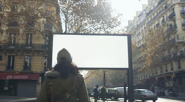 Photo une femme regardant un panneau d'affichage vide dans la rue