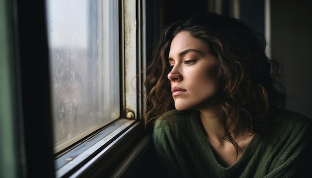 Femme regardant par la fenêtre à l'image de transport urbain à la maison