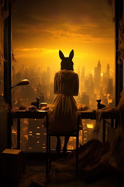 une femme regardant par une fenêtre avec un lapin sur la tête