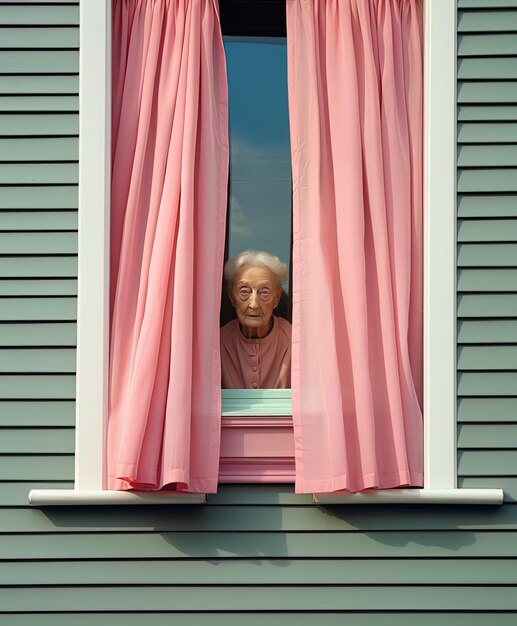 une femme regardant par une fenêtre avec un rideau rose