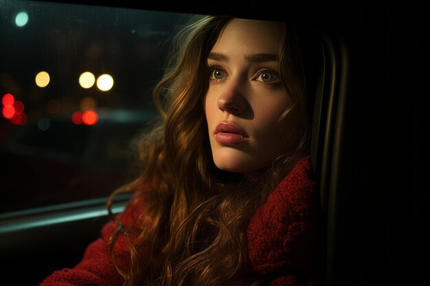 une femme regardant par la fenêtre d'une voiture la nuit