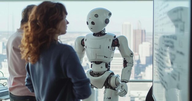 une femme regardant un robot dans une fenêtre