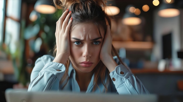 Une femme regardant son ordinateur portable avec ses mains sur la tête