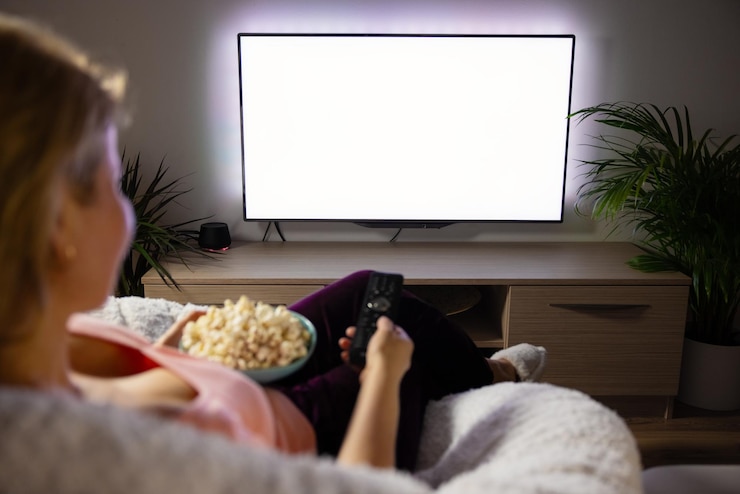 Photo femme regardant la télévision à la maison maquette d'écran de télévision blanc vide