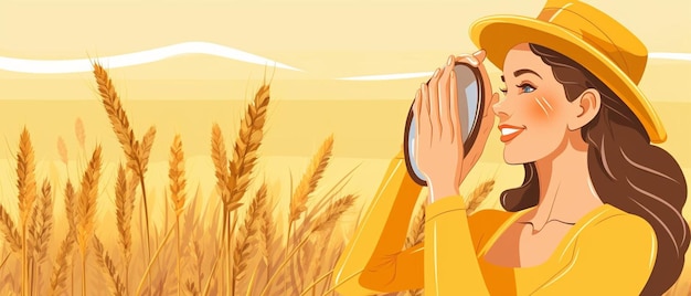 une femme regardant à travers une loupe dans un champ de blé