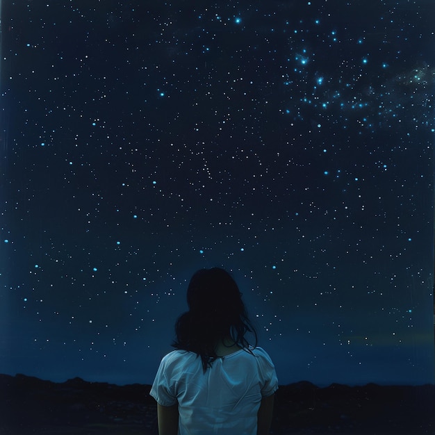 Une femme regardant le vaste ciel nocturne rempli d'étoiles et de galaxies lointaines.