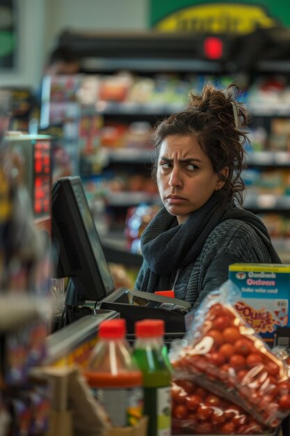 Photo une femme regarde une boîte de céréales dans une épicerie