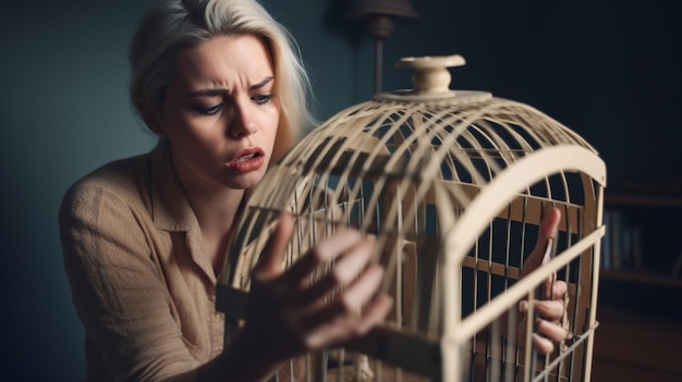 Une femme regarde une cage sur laquelle est inscrit le mot oiseau