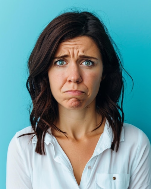 Photo une femme regarde la caméra avec le front froissé sur son visage.