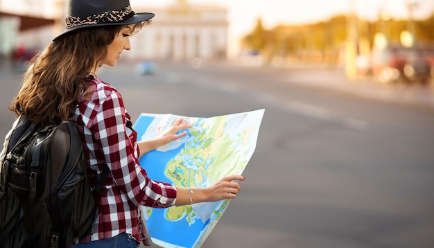 Une femme regarde une carte du monde