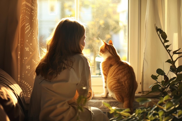 Une femme regarde un chat par la fenêtre.