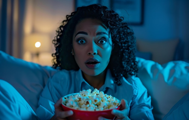 Une femme regarde un film d'horreur en mangeant du pop-corn.