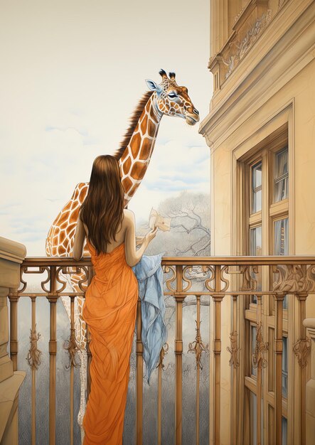 Photo une femme regarde une girafe d'un balcon