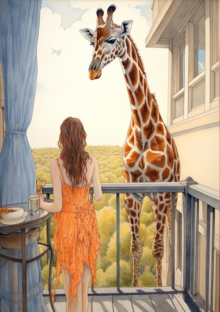 une femme regarde une girafe d'un balcon