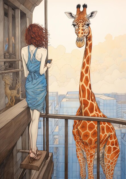 Photo une femme regarde une girafe et la girafe regarde son téléphone