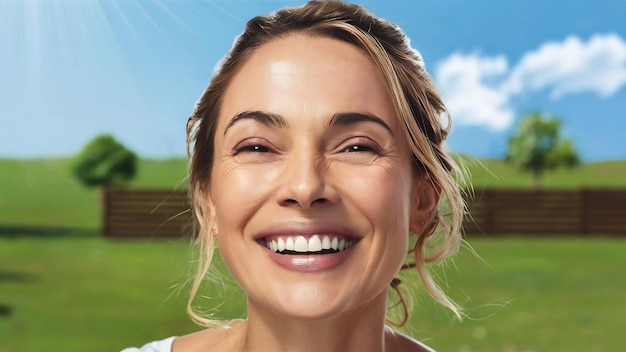 La femme regarde avec joie au-dessus garde les bras nourris a un teint bien soigné peau saine dents blanches iso