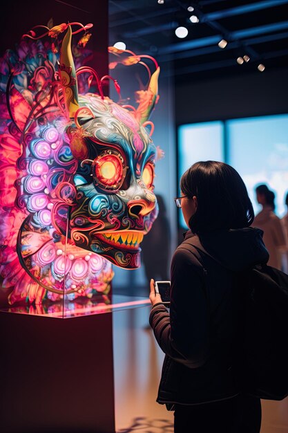 une femme regarde un masque coloré devant une femme devant un affichage de lumières colorées