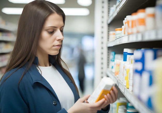 Une femme regarde des médicaments sur une étagère de médicaments en pharmacie