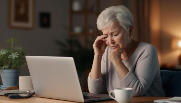 une femme regarde un ordinateur portable avec une tasse de café devant elle